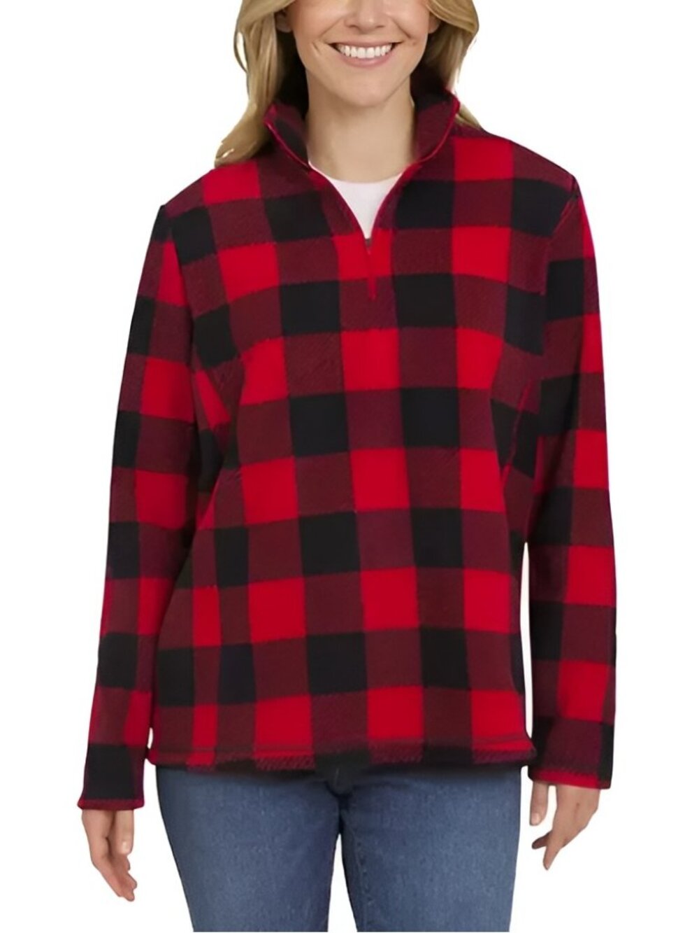 2/$30 Lands' End Buffalo Plaid Quarter-Zip Powder Fleece Pullover Red #A4880